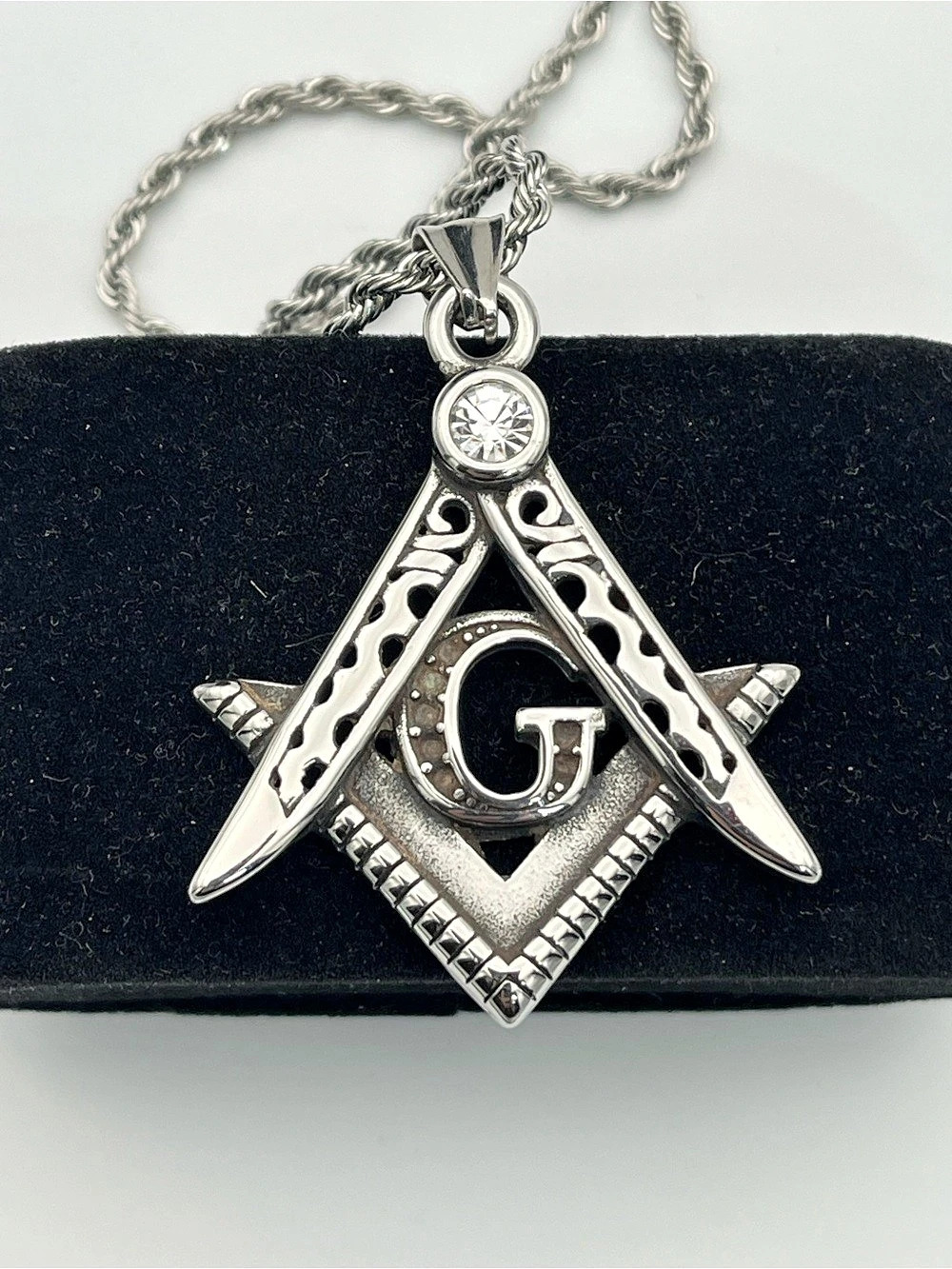 22”, Stainless Steel Masonic Square & Compass Pendant Necklace